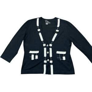 EUC Per Se by Carlisle Eyelash Trim Black, Cream Silk Blend Cardigan Size Large